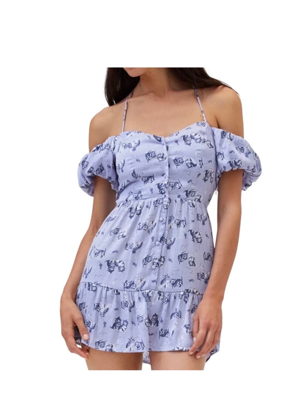 Urban Outfitters Kimchi Blue Courtney Cat Print Print Cold Shoulder Mini Dress L